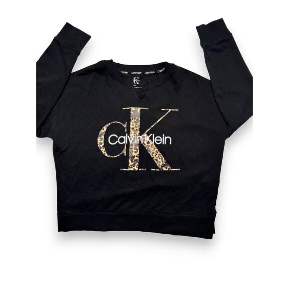 Calvin Klein Black Sweater w/ Leopard CK Logo Sweatshirt Size Medium - Picture 2 of 9